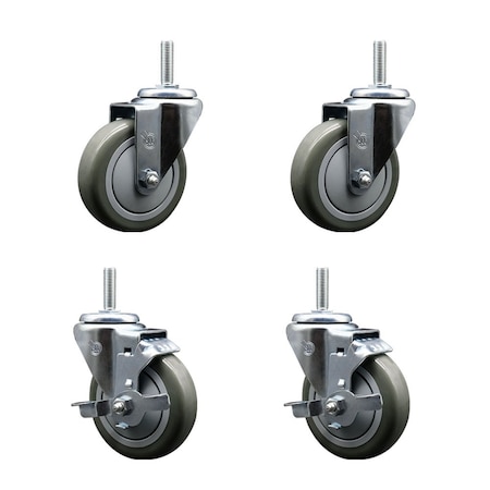 Service Caster 4 Inch Gray Polyurethane Wheel Swivel 58 Inch Threaded Stem Caster Set 2 Brakes SCC SCC-TS20S414-PPUB-58212-2-TLB-2